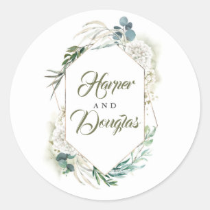 White Hydrangea and Greenery Modern Wedding Classic Round Sticker