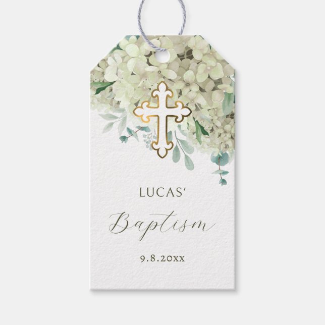 White Hydrangea Baptism Gift Tags (Front)