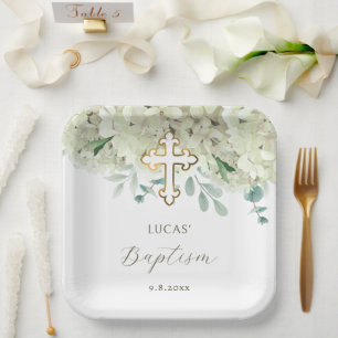 White Hydrangea Baptism Paper Plate