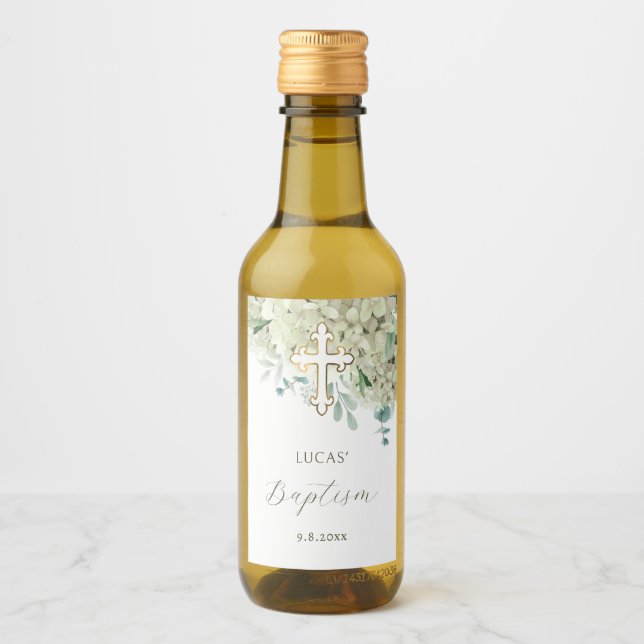 White Hydrangea Baptism Wine Label (Front)