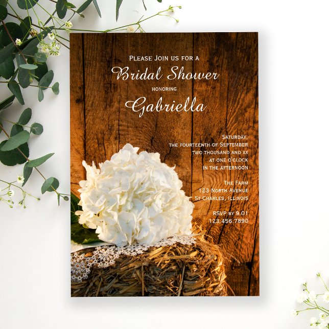 White Hydrangea Barn Wood Country Bridal Shower Invitation (Creator Uploaded)