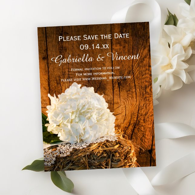 White Hydrangea Barn Wood Wedding Save the Date (Creator Uploaded)