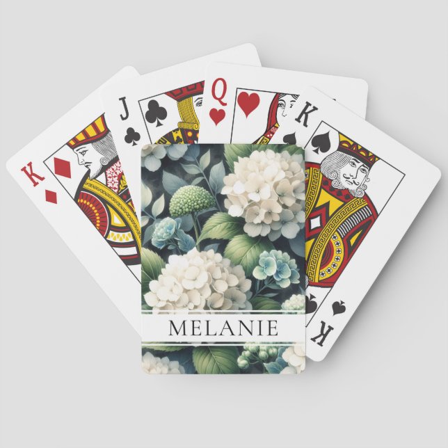White Hydrangea Botanical Custom Name Playing Cards (Back)
