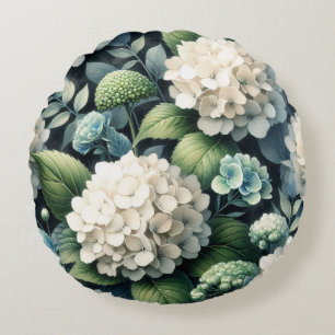 White Hydrangea Botanical Painting Round Cushion