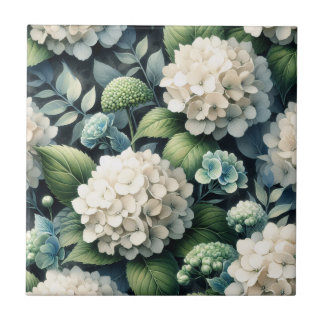 White Hydrangea Botanical Painting Tile