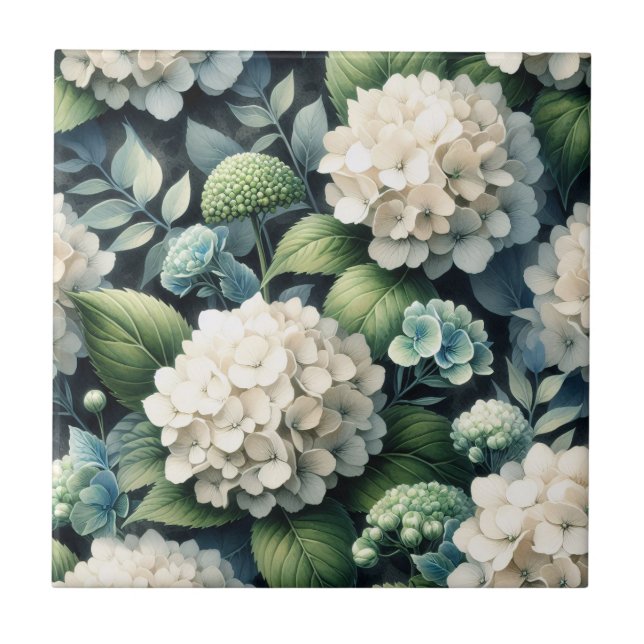 White Hydrangea Botanical Painting Tile (Front)