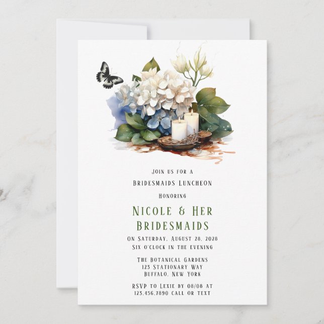 White Hydrangea Butterfly Bridesmaids Luncheon Invitation (Front)