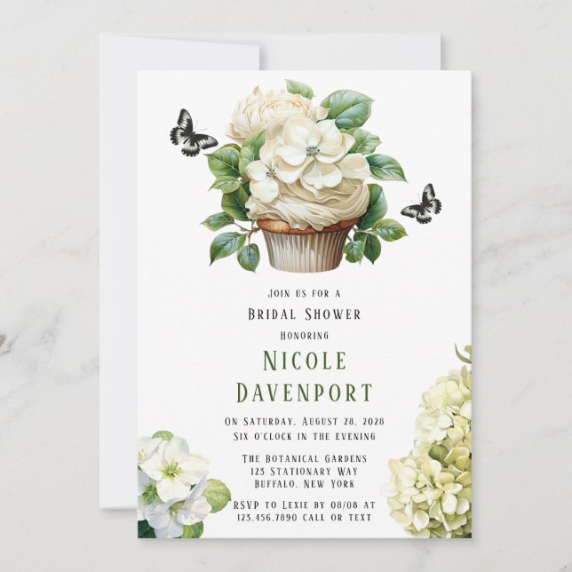 White Hydrangea Butterfly Cupcake Bridal Shower Invitation (Front)