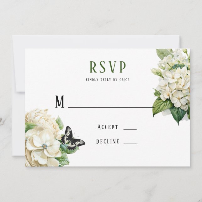 White Hydrangea Butterfly Wedding RSVP Cards (Front)