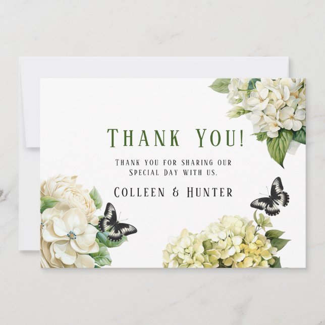 White Hydrangea Butterfly Wedding Thank You Cards (Front)