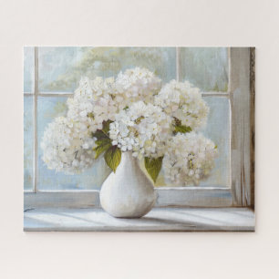 White Hydrangea, Cottage Core, Vintage Style Jigsaw Puzzle