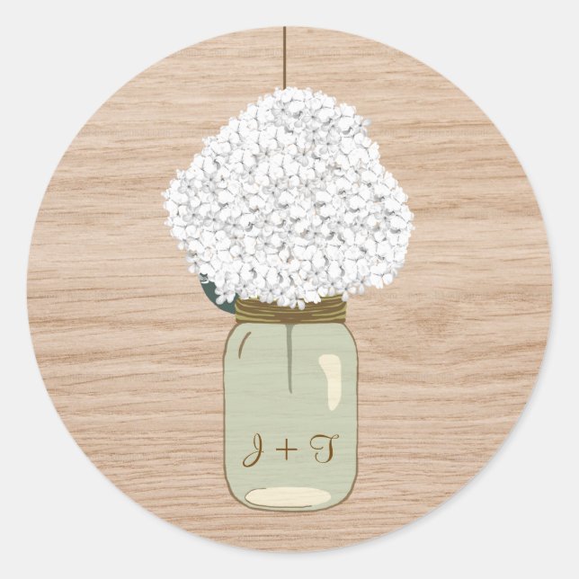 White Hydrangea & Country Mason Jar Bridal Shower Classic Round Sticker (Front)
