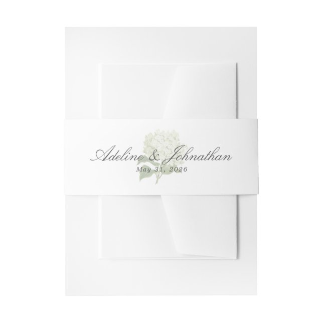 White Hydrangea Couples Name and Wedding Date Invitation Belly Band (Front Example)