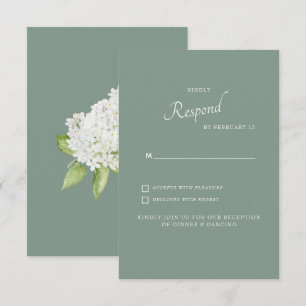 White Hydrangea Dark Sage Background Wedding RSVP Card