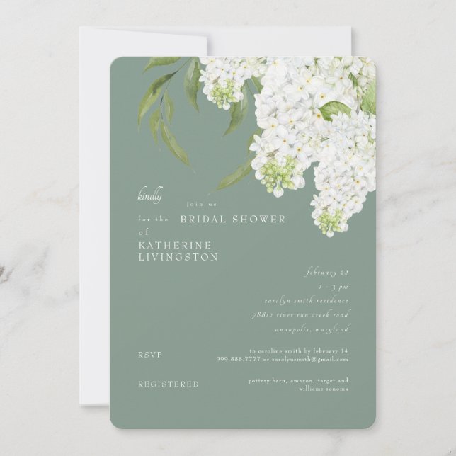  White Hydrangea Dark Sage Rounded Bridal Shower  Invitation (Front)