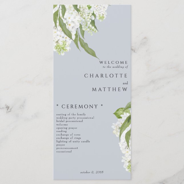 White Hydrangea Dusty Blue Wedding Program Menu (Front)