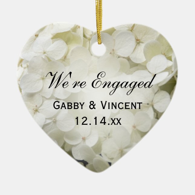 White Hydrangea Engagement Ceramic Tree Decoration (Front)