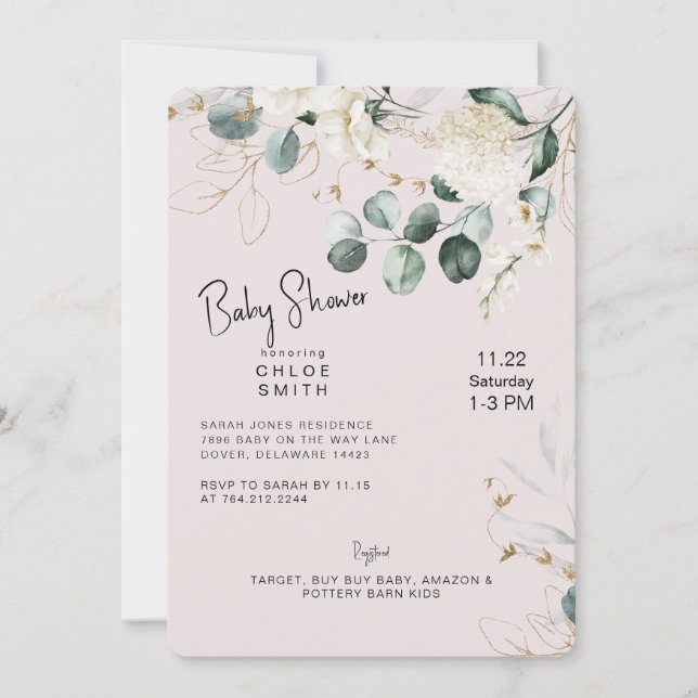 White Hydrangea Eucalyptus Blush Baby Shower Invitation (Front)
