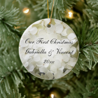 White Hydrangea First Christmas Photo Ceramic Tree Decoration