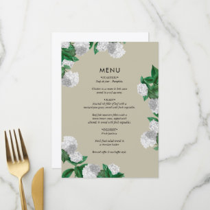 White Hydrangea Floral Greenery Modern Wedding Menu
