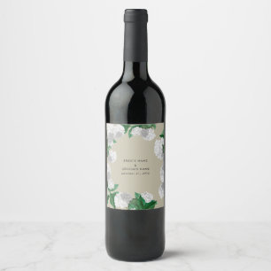 White Hydrangea Floral Greenery Modern Wedding Wine Label