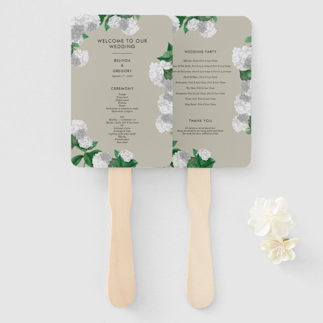 White Hydrangea Floral Greenery Wedding Program Hand Fan (Front and Back)