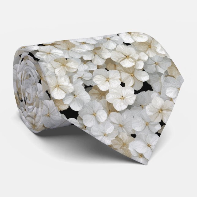 White Hydrangea Floral Pattern Tie (Rolled)