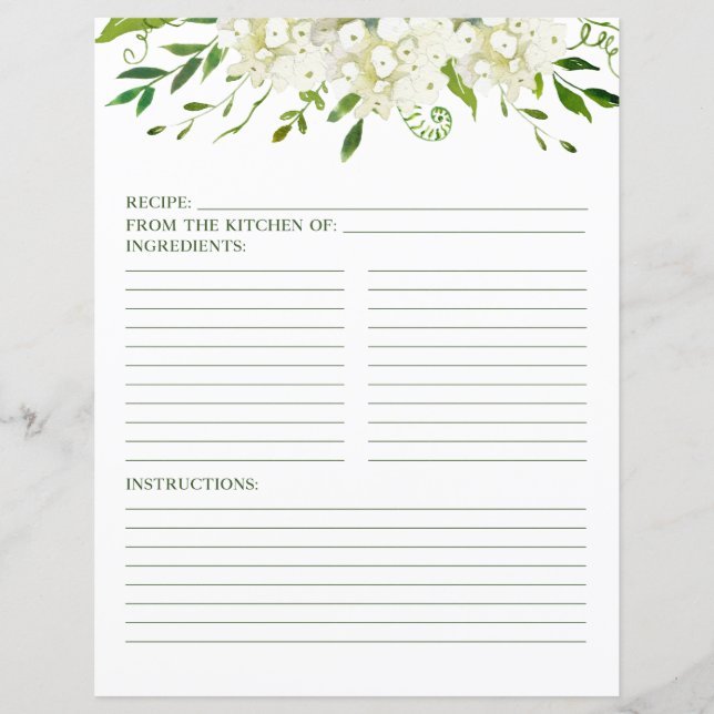White Hydrangea Floral Watercolor Recipe Page (Front)