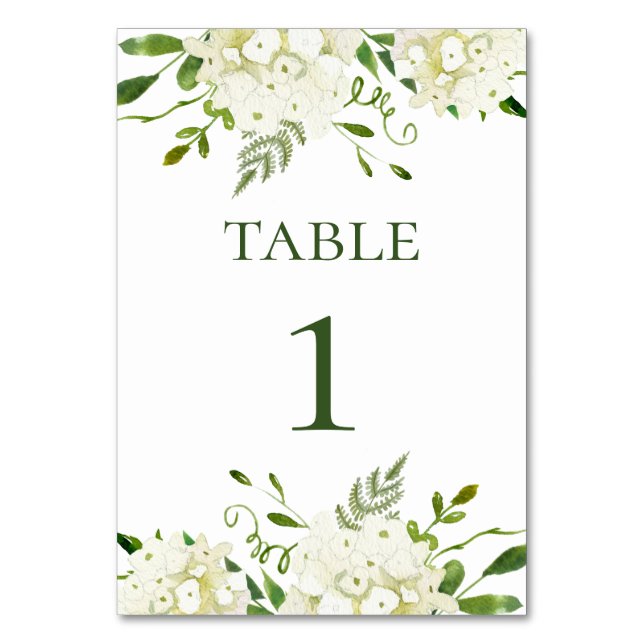 White Hydrangea Floral Watercolor Table Number (Front)