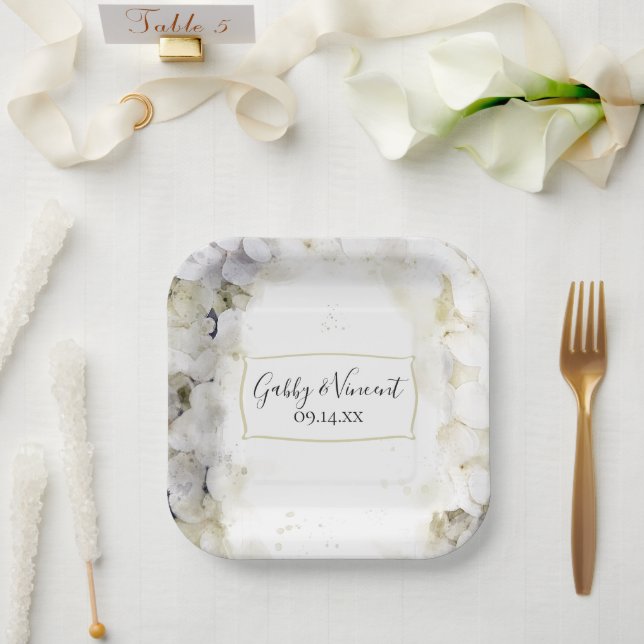 White Hydrangea Floral Watercolor Wedding Paper Plate (Wedding)