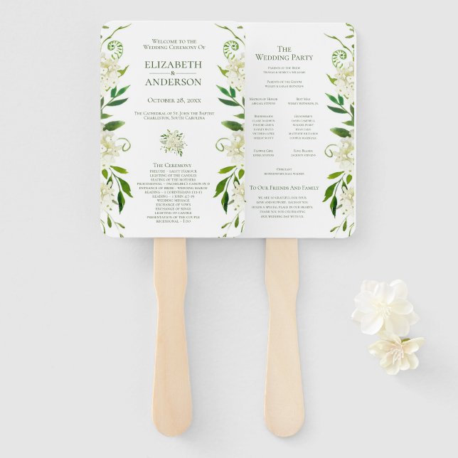 White Hydrangea Floral Watercolor Wedding Program Hand Fan (Front and Back)