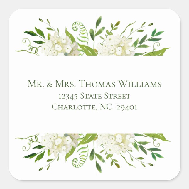 White Hydrangea Floral Wedding Address Square Sticker (Front)