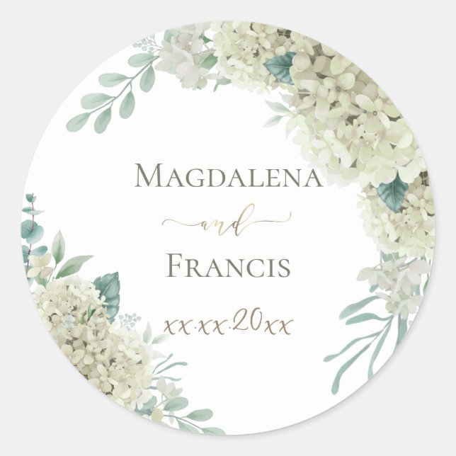 white Hydrangea floral wedding Classic Round Sticker (Front)
