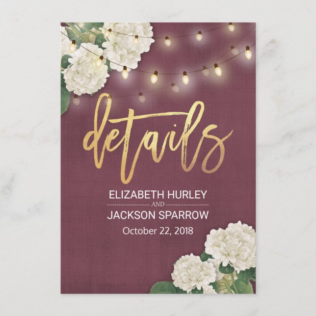 White hydrangea Floral Wedding Details Information Enclosure Card (Front)