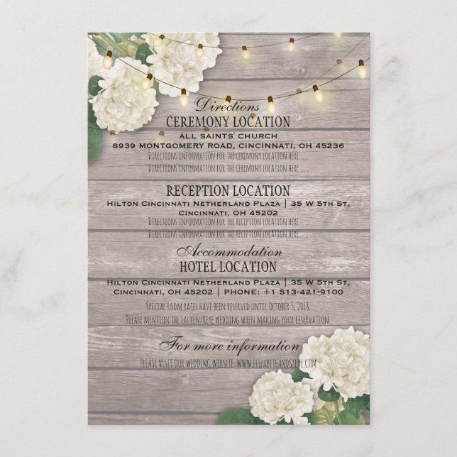 White hydrangea Floral Wedding Details Information Enclosure Card (Front)
