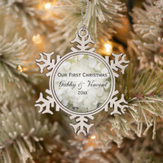 White Hydrangea Flower First Christmas Wedding Snowflake Pewter Christmas Ornament