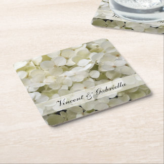 White Hydrangea Flower Wedding Square Paper Coaster