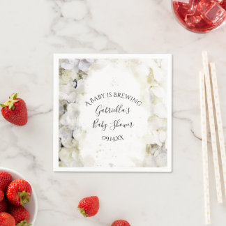 White Hydrangea Flowers Baby is Brewing Shower Napkin