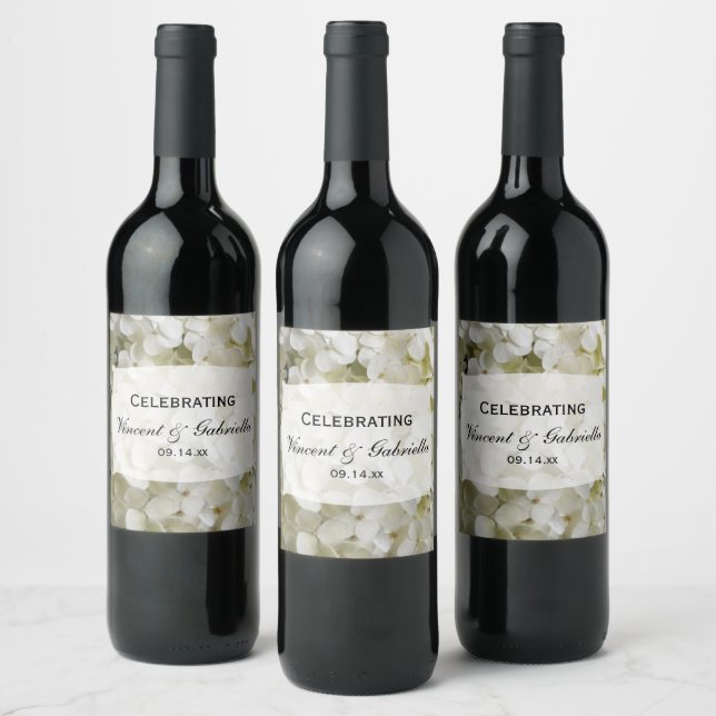 White Hydrangea Flowers Wedding Wine Label (Bottles)