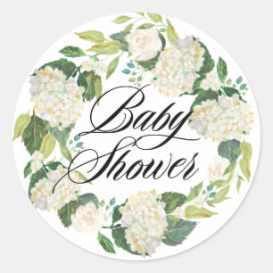 White Hydrangea Flowers Wreath Baby Shower Classic Round Sticker