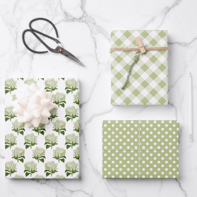 White Hydrangea Gingham and Polka Dot Pattern Wrapping Paper Sheet (Front)