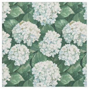 White Hydrangea Green Leaves Watercolor Pattern Fabric