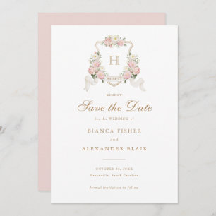 White Hydrangea Greenery Crest Save the Date Invitation