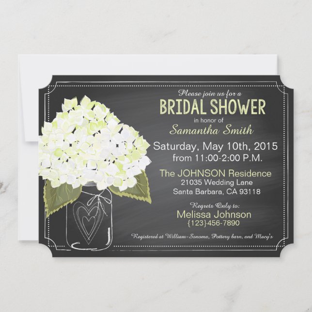White Hydrangea Mason Jar Chalkboard Bridal Shower Invitation (Front)