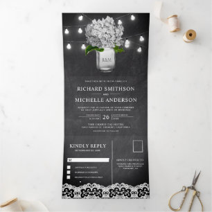 White Hydrangea Mason Jar String Lights Wedding Tri-Fold Invitation