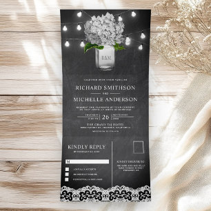 White Hydrangea Mason Jar String Lights Wedding Tri-Fold Invitation