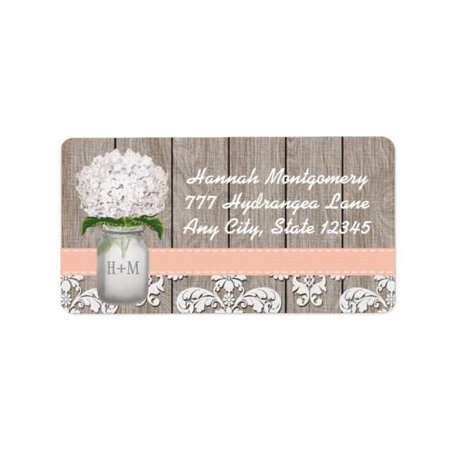 White Hydrangea Monogrammed Mason Jar in Peach Label (Front)