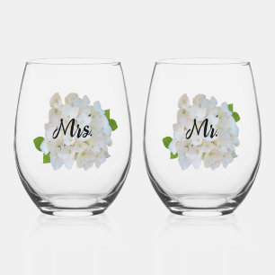 White Hydrangea Mr. and Mrs. Stemless Wine Glass