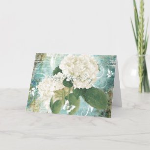 White hydrangea on blue holiday card