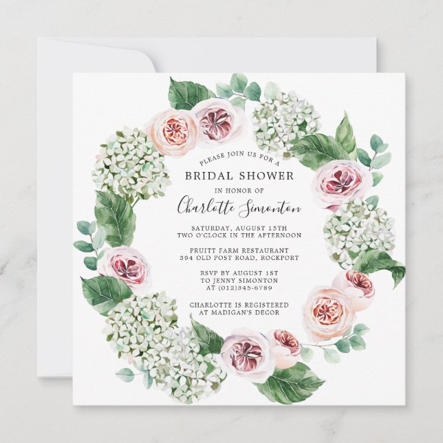 White Hydrangea Pink Rose Floral Bridal Shower Invitation (Front)